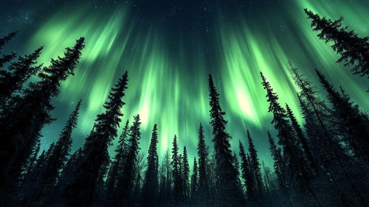 Aurora borealis dancing over pine forest